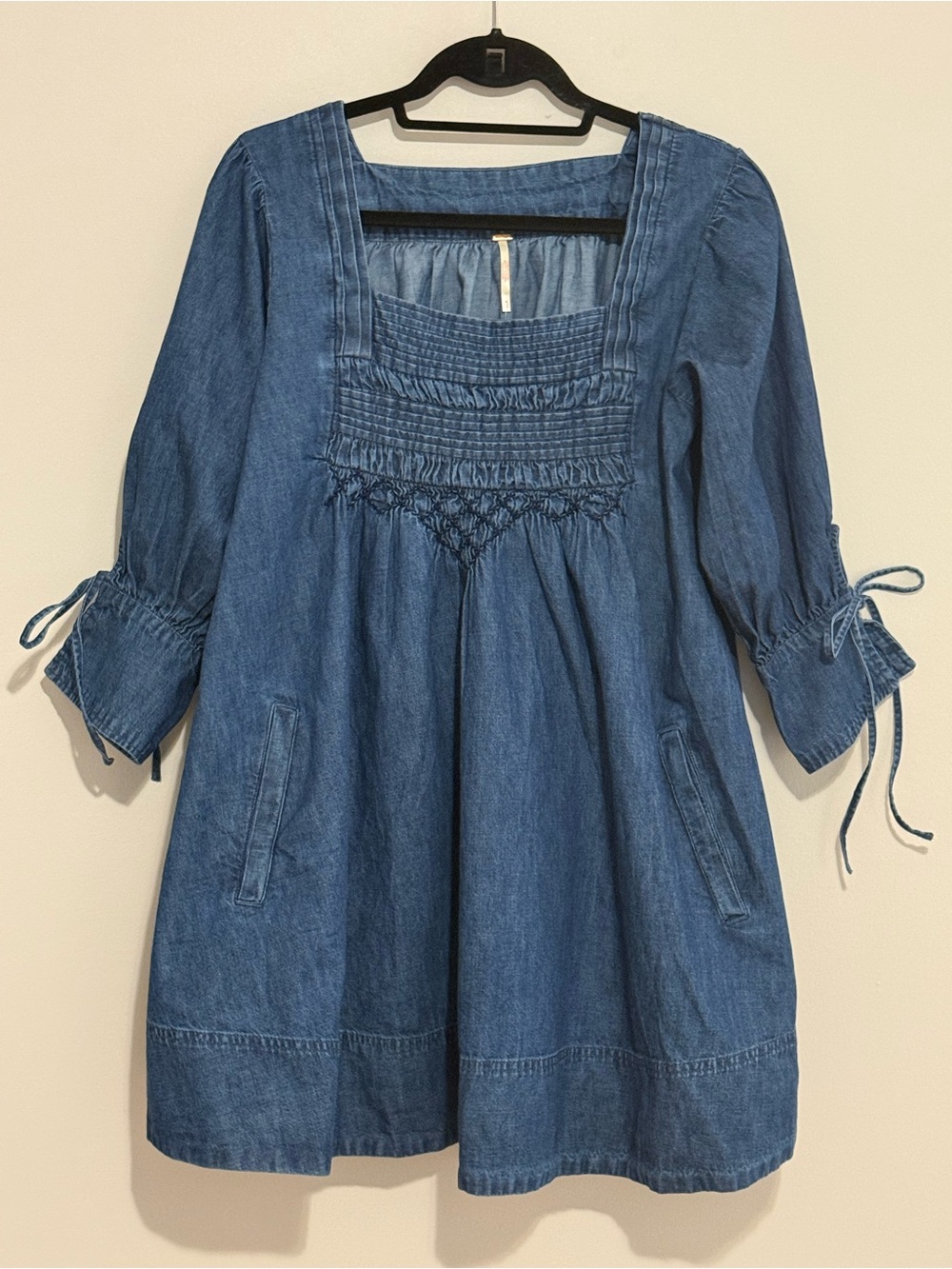 Free People Blue Denim Babydoll Mini Dress Square Neck Smocked Boho Cottagecore - Picture 6 of 13